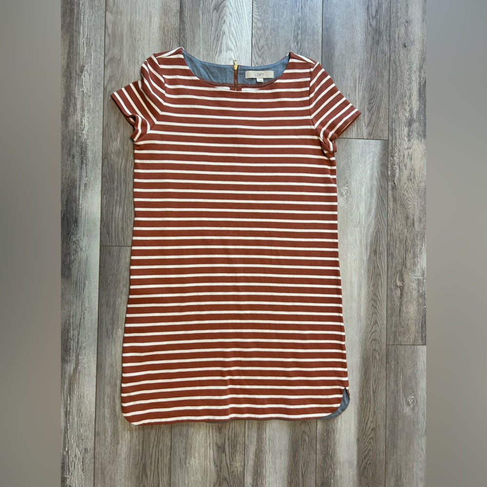 LOFT Rust and Cream Striped Mini Dress